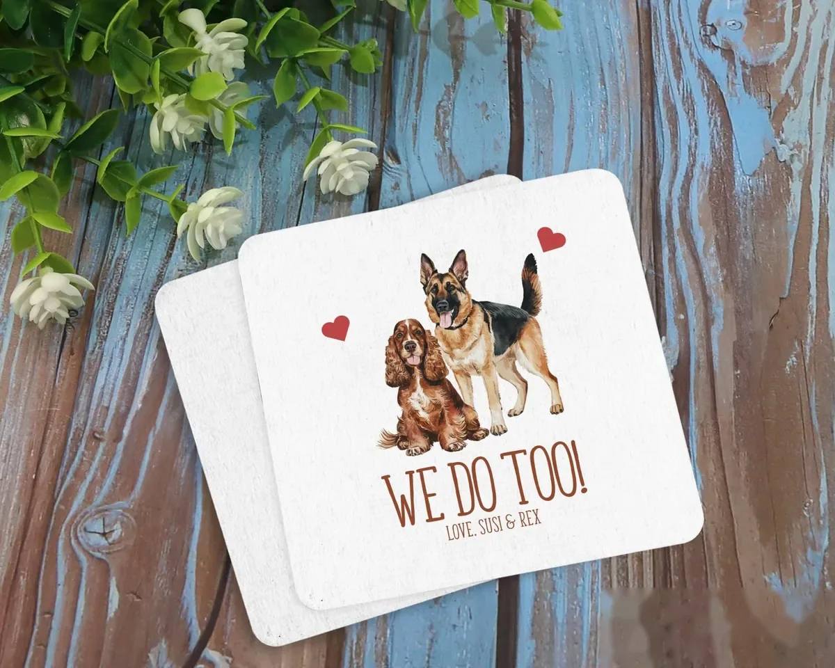 Stacked pet portrait coasters on a rustic table