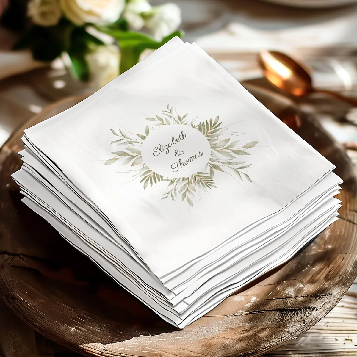 Stack of napkins printed with a couple's floral wreath design