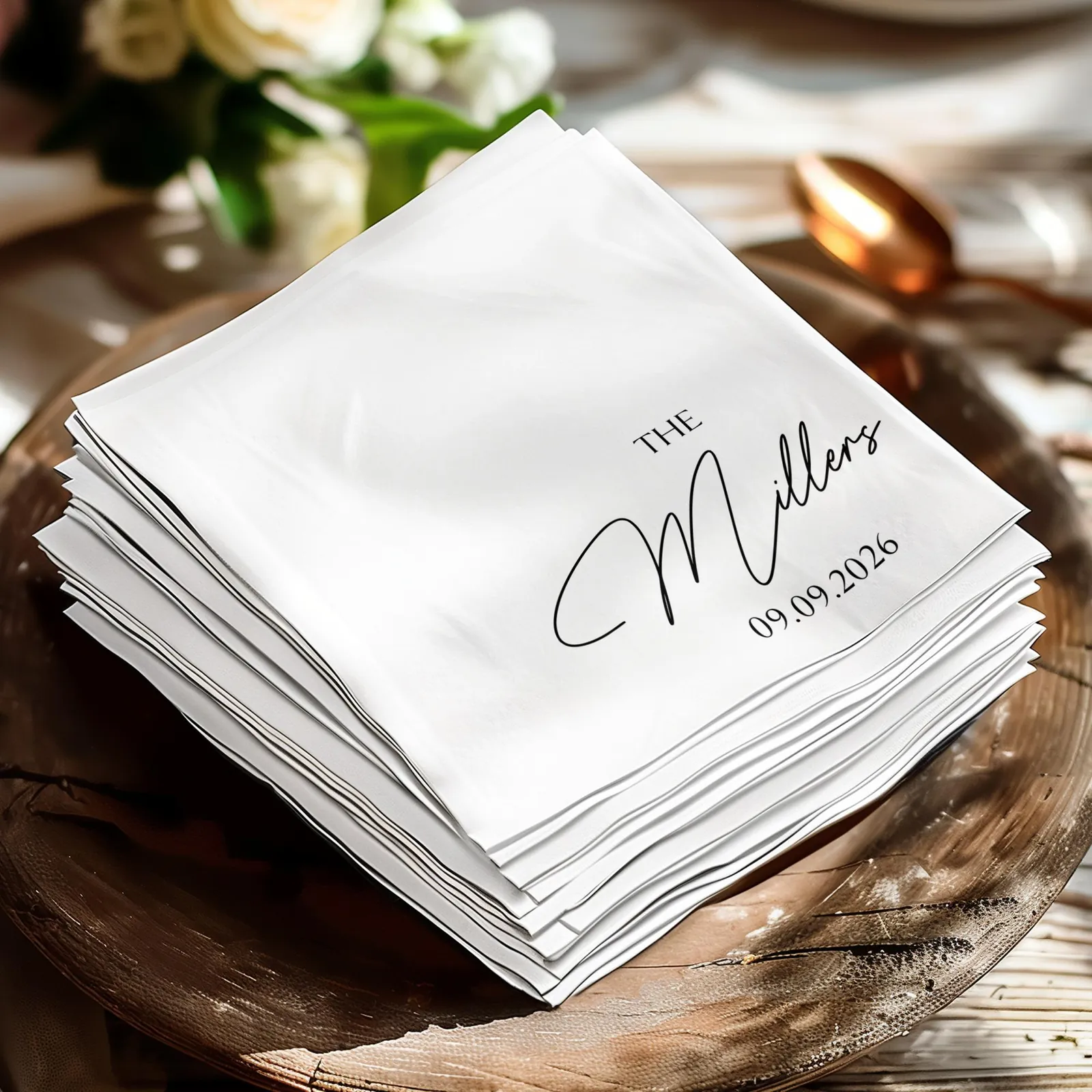 Stack of white cocktail napkins printed with a script last name and wedding date