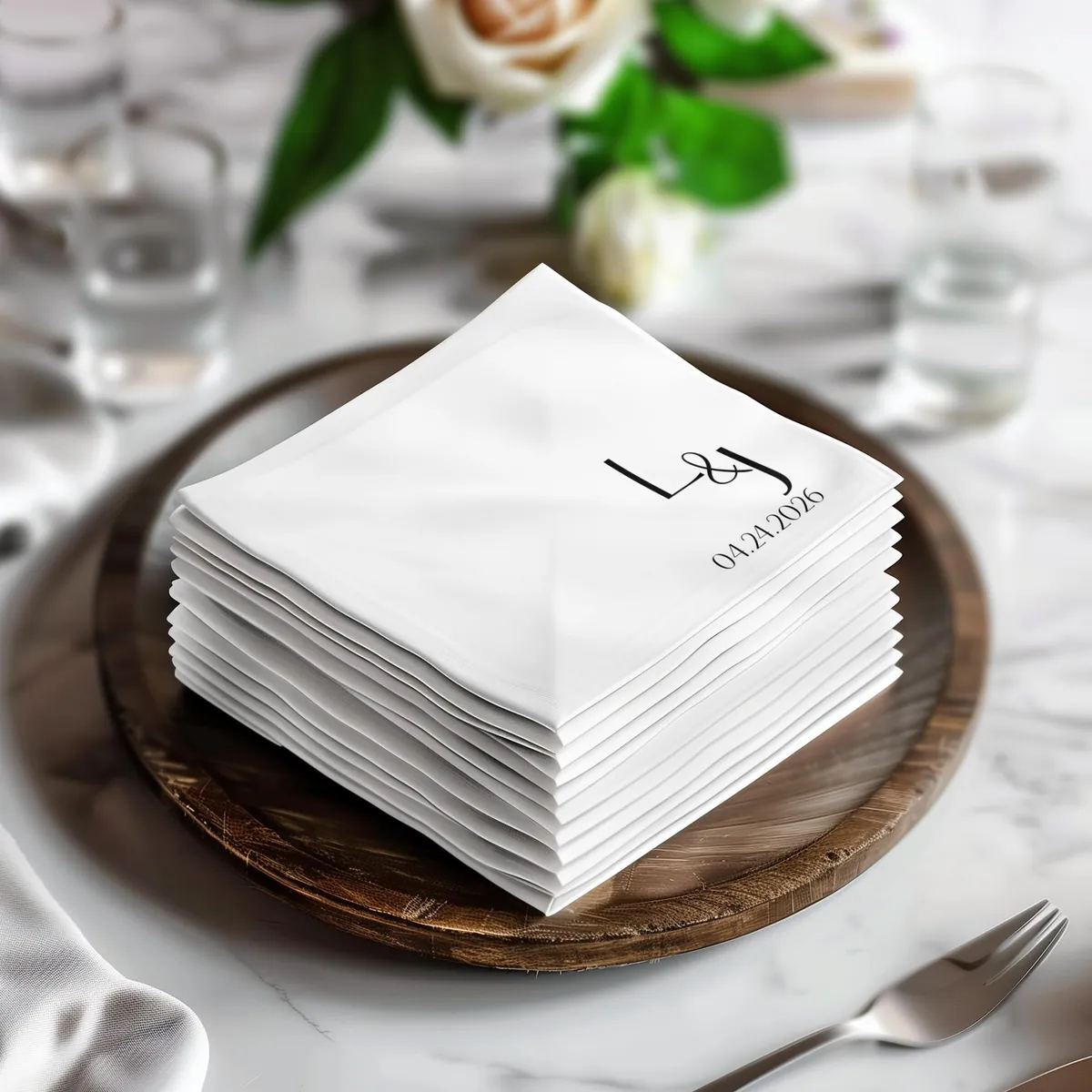 Monogram napkins stacked on a wooden charger
