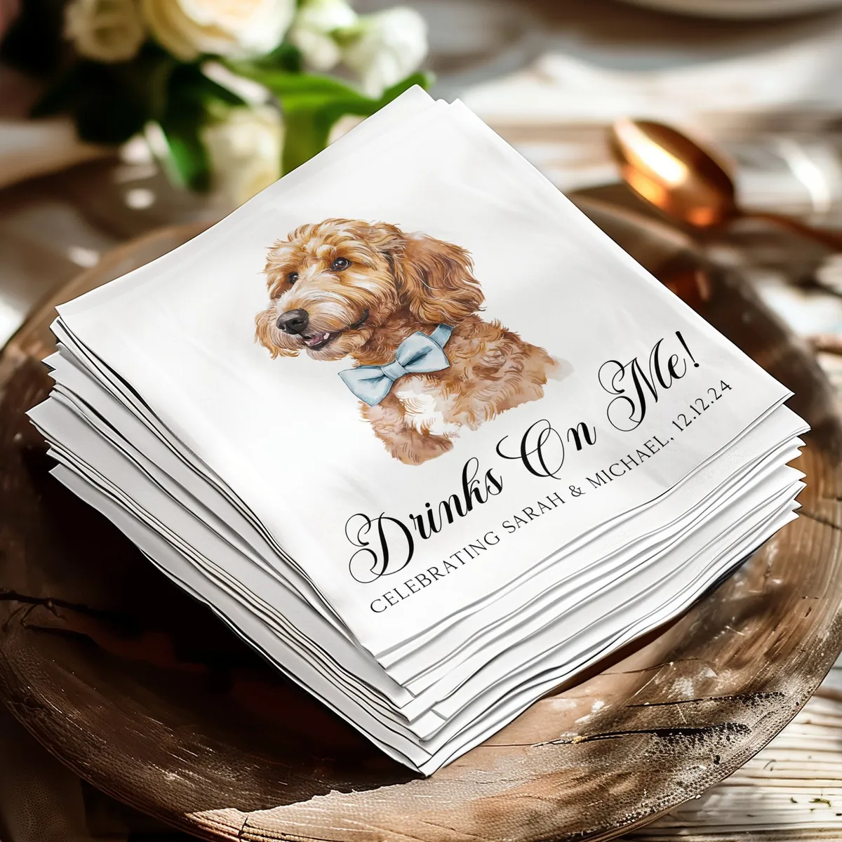 Watercolor dog portrait napkins reading Drinks on me