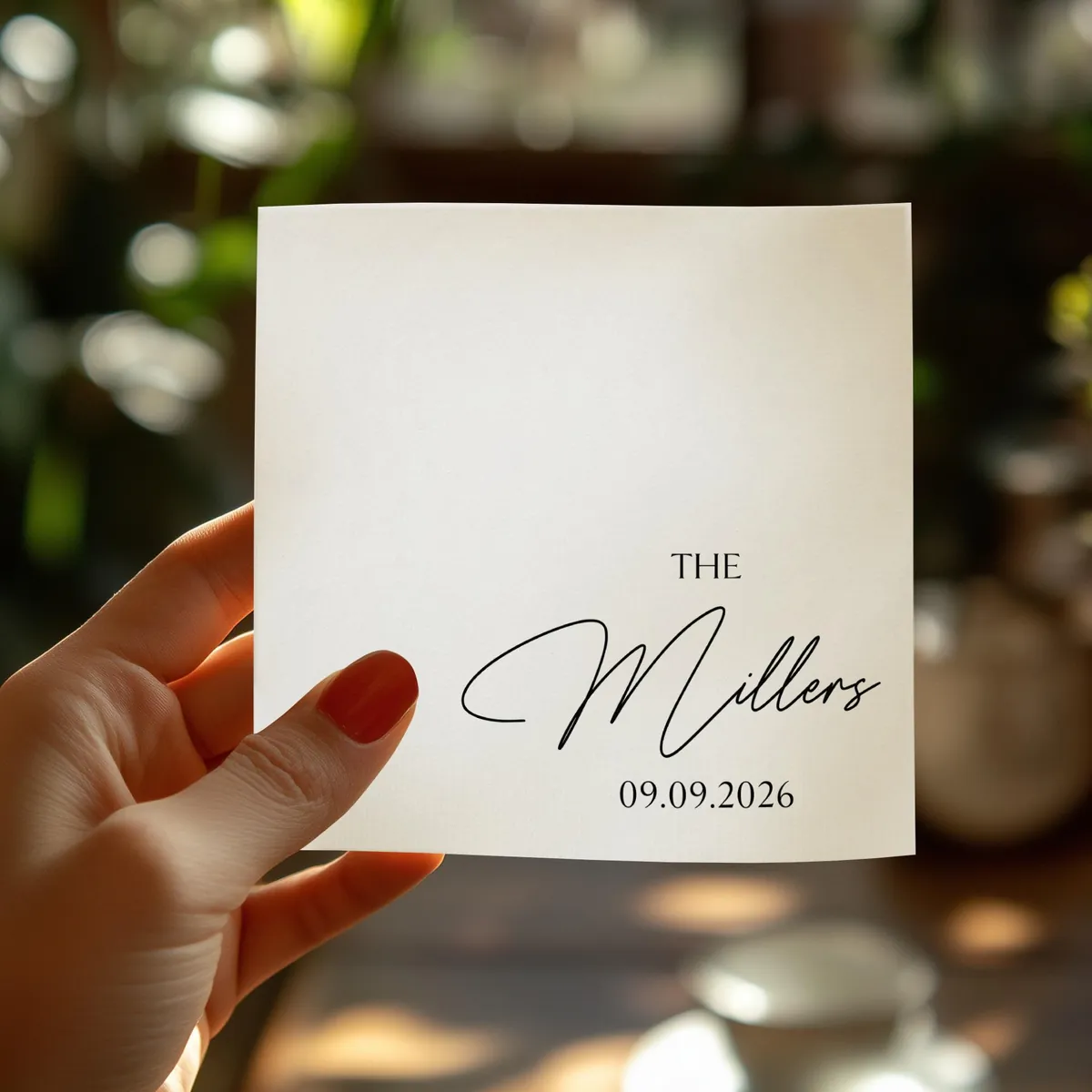 Script last name and date napkin held over a reception table