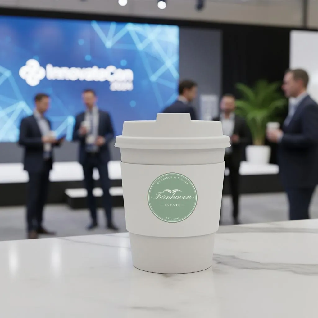 Coffee cup with a sample logo sleeve at a corporate event