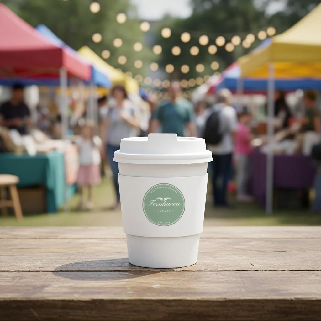 Coffee cup with a sample venue logo sleeve at an outdoor event
