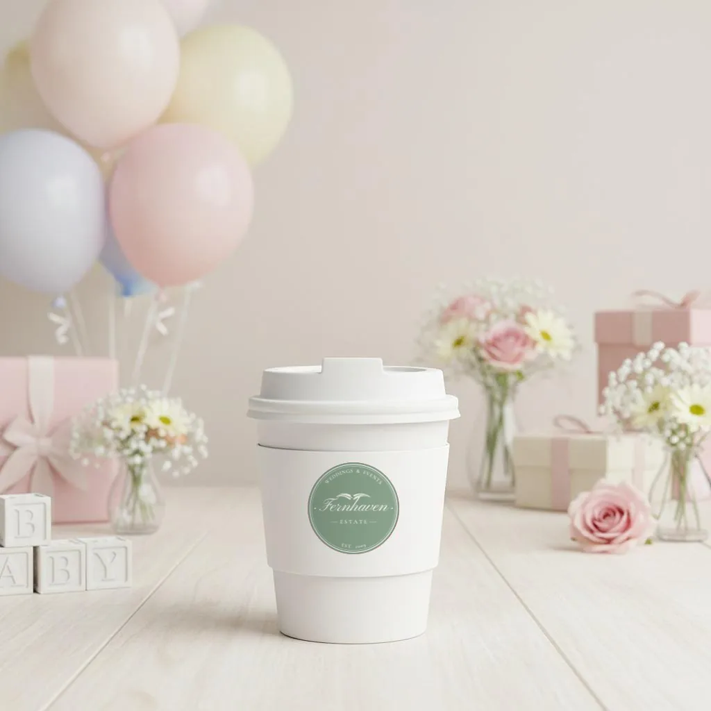 Coffee cup with a sample venue logo sleeve at a pastel party table